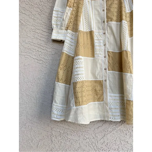 SEZANE Beige Cream Patchwork Eyelet Button Down Midi Dress Matissa Shirt Dress